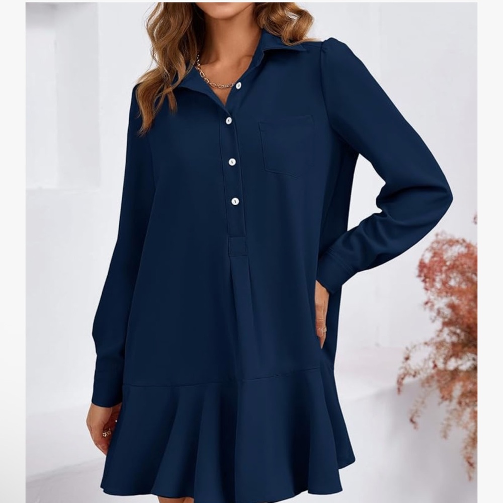 Navy Ruffle Hem Button-Up dress large - Picture 2 of 5